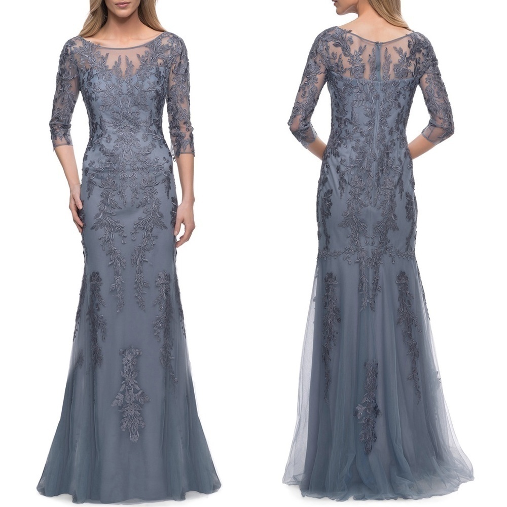 NWT La Femme 29226 Floral Lace Applique Column Style Gown in Slate Sz. 4